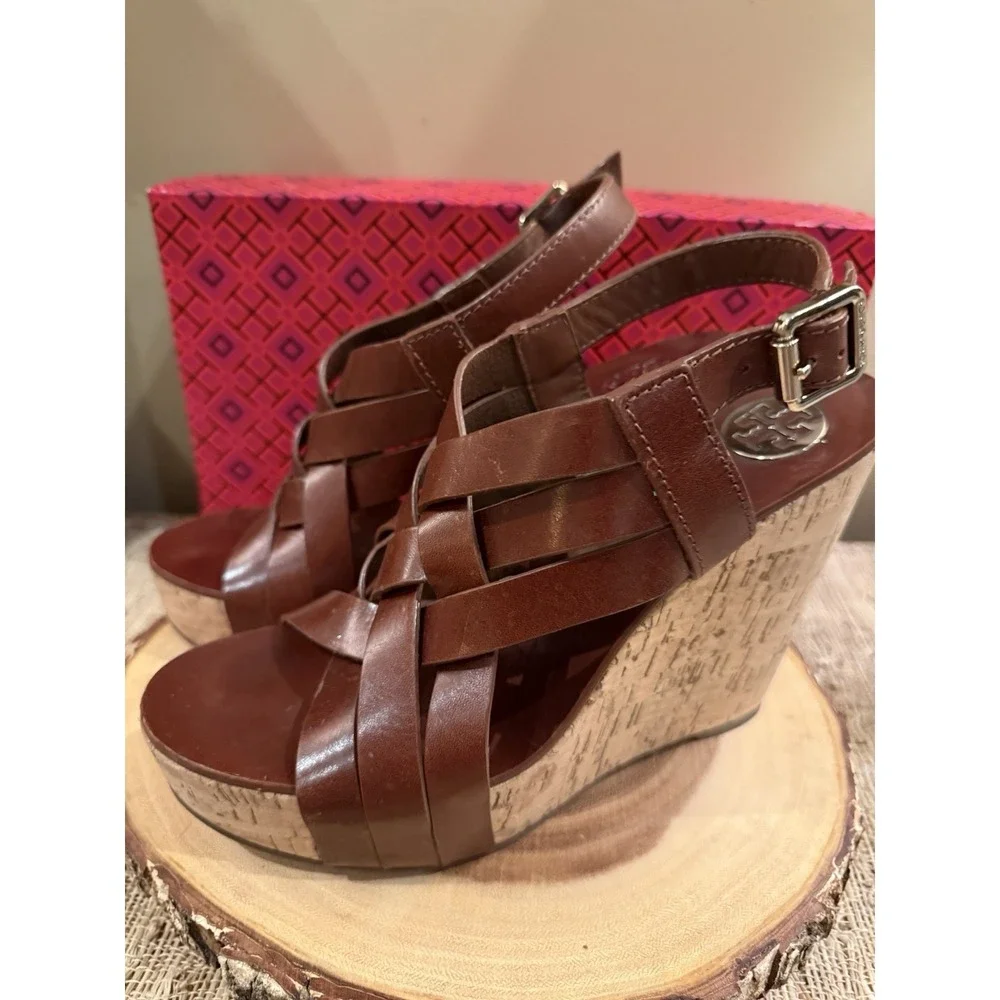 Tory Burch Ace Women's Brown Sienna Leather Buckle Wedge High Heel Sandals 8.5‎